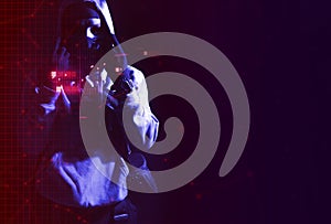 hacker man terrorist with virus computer attack to server network system online in data internet security hacking