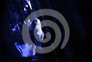 hacker man terrorist with virus computer attack to server network system online in data internet security hacking