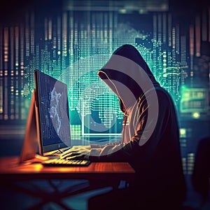 Hacker man use note book computer stealing confidential data