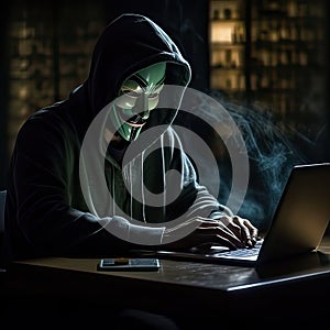 Hacker man use note book computer stealing confidential data