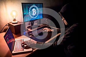 Hacker man using computer for digital currency laundering