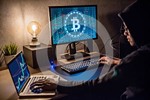 Hacker man using computer for digital currency laundering