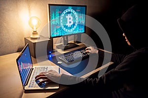 Hacker man using computer for digital currency laundering