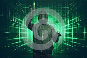 Hacker man with vendetta mask hacking binary system security cod