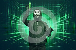 Hacker man with vendetta mask hacking binary system security cod