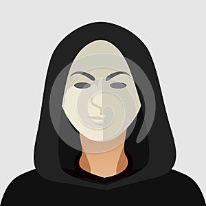 Hacker with mask. Mysterious man in black suit with the mask on white background. Secret service agent icon. Incognito.