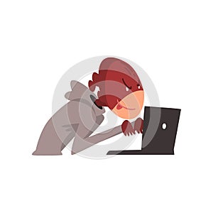 Hacker in Mask Trying Hack System Using Laptop, Internet Crime, Computer Security Technology Cartoon Vector Illustration