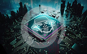 Hacker masked embedded in computer CPU Central core printed circuit board