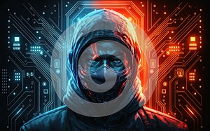 Hacker masked embedded in computer CPU Central core printed circuit board metaphor