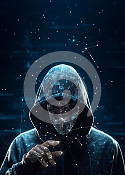 Hacker in mysterious looking hood is using hologram graphics, network password cracking program, generative ai illustration art