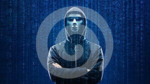 Hacker over Abstract Digital Background with Elements of Binary Code and Computer Programs. Concept of Data thief