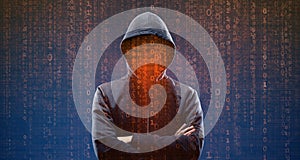Hacker over Abstract Digital Background with Elements of Binary Code and Computer Programs. Concept of Data thief