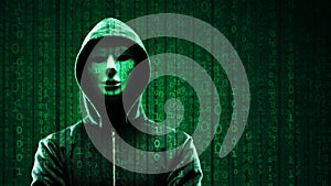 Hacker over Abstract Digital Background with Elements of Binary Code and Computer Programs. Concept of Data thief