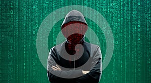 Hacker over Abstract Digital Background with Elements of Binary Code and Computer Programs. Concept of Data thief