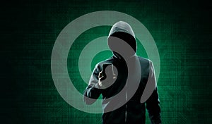 Hacker over Abstract Digital Background with Elements of Binary Code and Computer Programs. Concept of Data thief