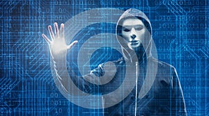 Hacker over Abstract Digital Background with Elements of Binary Code and Computer Programs. Concept of Data thief