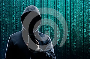 Hacker over Abstract Digital Background with Elements of Binary Code and Computer Programs. Concept of Data thief