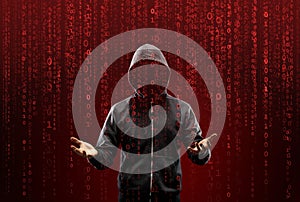 Hacker over Abstract Digital Background with Elements of Binary Code and Computer Programs. Concept of Data thief