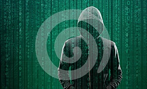 Hacker over Abstract Digital Background with Elements of Binary Code and Computer Programs. Concept of Data thief