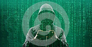 Hacker over Abstract Digital Background with Elements of Binary Code and Computer Programs. Concept of Data thief