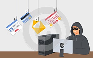 Hacker phishing attack. Web fraud, online security threats and spam danger. Hacker character with personal computer