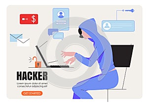 Hacker phishing with laptop computer stealing confidential data, personal information, user login, password, document