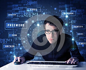 Hacker programing in technology enviroment with cyber icons