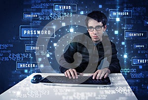 Hacker programing in technology enviroment with cyber icons