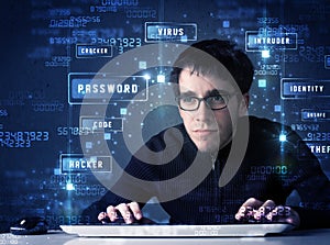 Hacker programing in technology enviroment with cyber icons