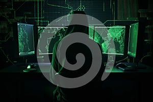 hacker programmer surrounded by green programming codes in a dark ambient cyberspace, AI Generative