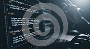 Hacker or Programmer Working on Laptop with Illuminated Code Screen in Dark Environment