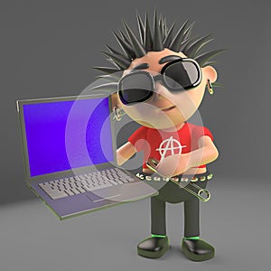 Hacker punk rocker with new laptop computer, 3d illustration