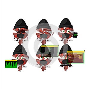 A Hacker red twirl lolipop wrapped character mascot with