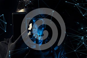 hacker robbery terrorist with tablet smartphone computer attack to server network system online in data