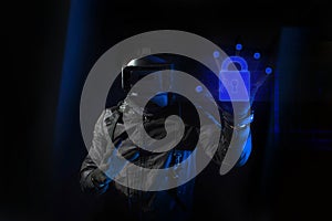 hacker robbery terrorist with vr glass hacking computer attack to server network