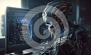 hacker robot hacks into a computer. Cyborg of future is working at computer. Concept of cyber security. Generative AI