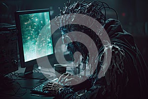 hacker robot hacks into a computer. Cyborg of future is working at computer. Concept of cyber security. Generative AI