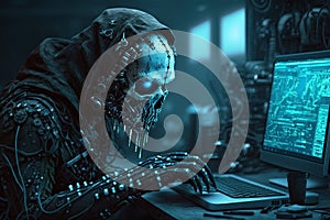 Hacker robot hacks into a computer. Cyborg of future is working at a computer. Concept of cyber security