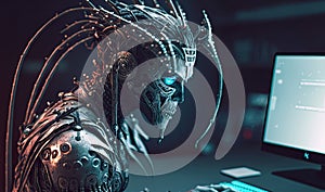 Hacker robot hacks into a computer. Cyborg of future is working at a computer. Concept of cyber security