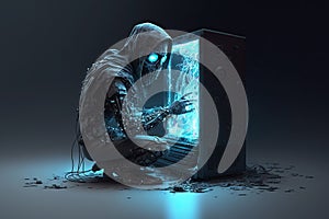Hacker robot hacks into a computer with a database. The concept of cybersecurity and personal data protection in the future