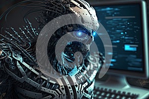hacker robot hacks into a computer with a database. concept of cybersecurity and personal data protection in the future
