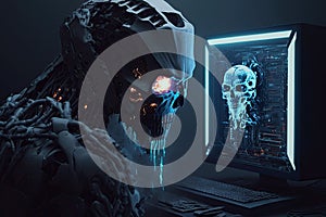 hacker robot hacks into a computer with a database. concept of cybersecurity and personal data protection in the future