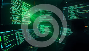 Hacker room monitors coding, cyber security, technology setup, focused and dark, Stock Photo, Generative AI