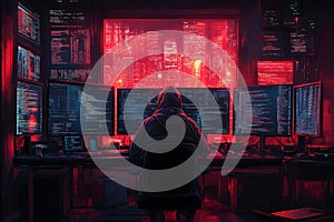 A hacker's dark room with multiple monitors displaying lines of code