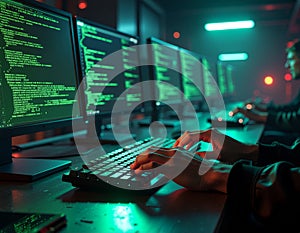 Hacker's Hands Typing Code on Multiple Screens in a Dark Room