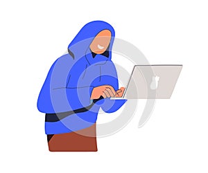 Hacker scammer at laptop computer. Online fraud, scam, cyber crime concept. Anonymous man, fake person swindler cheating