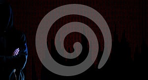 Hacker security cyber attack. Hacker man hand isolated on black. Blurred internet web hack technology with flare ray