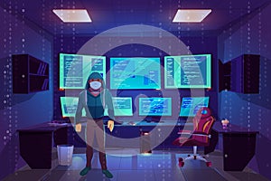 Hacker in server room, multiple computer monitors