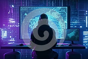 hacker front of his computer committing digital cybercrime. Generative AI