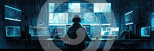 A hacker sits at a desk in a dimly lit room, focused on multiple computer screens displaying lines of code and data